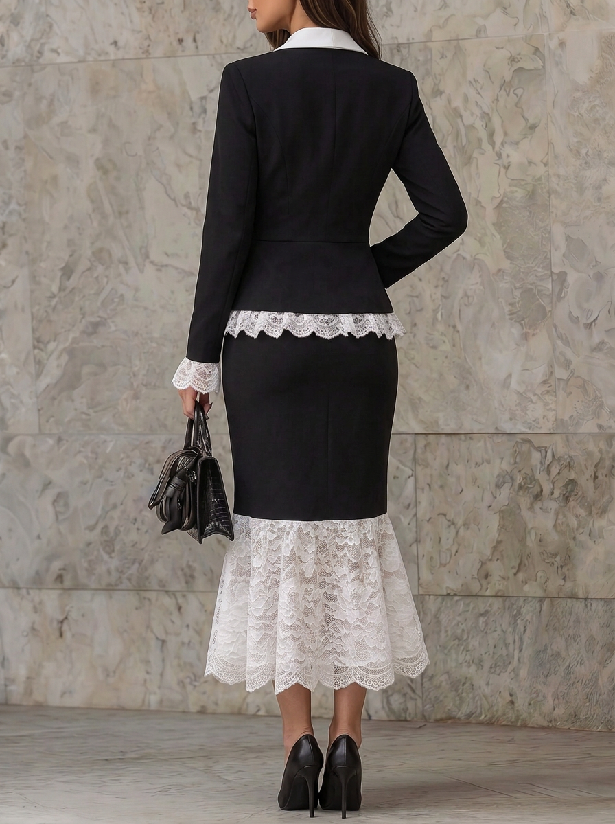 Black White Lace Peplum Two-Piece Set