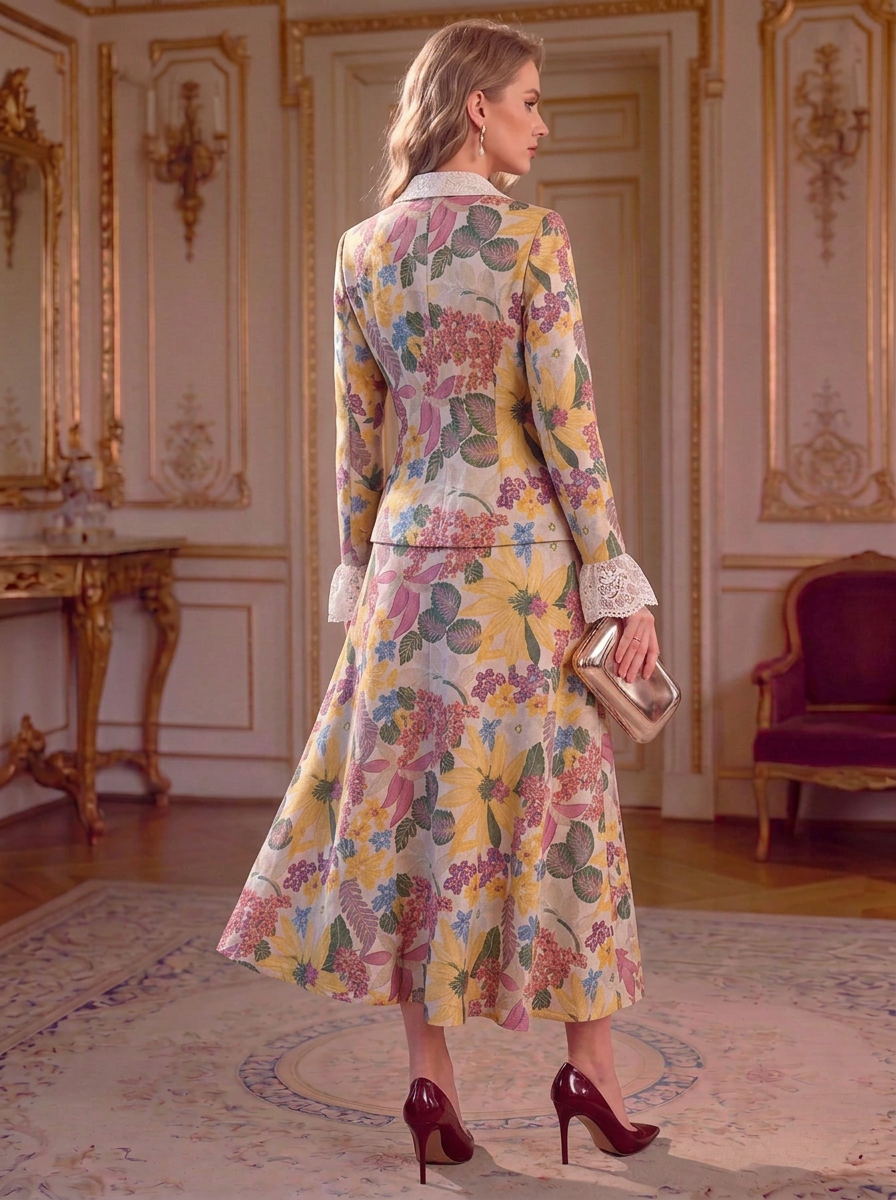 Yellow Floral Lace Peplum Suit Set
