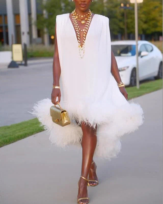Elegant Sleeveless White Feather Patchwork Irregular Hem Midi Dress