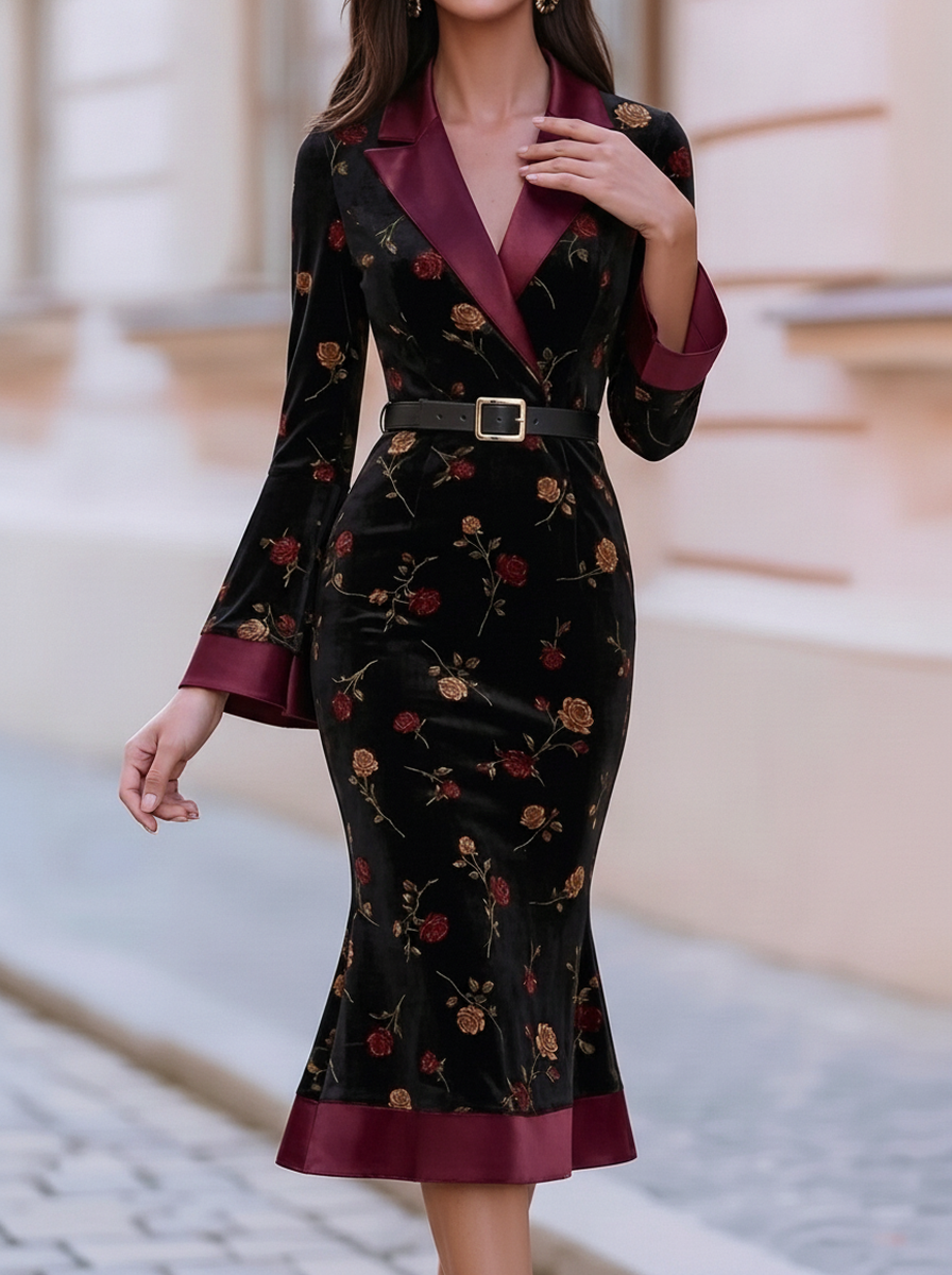 Black Rose Velvet Flare Sleeve Midi Dress