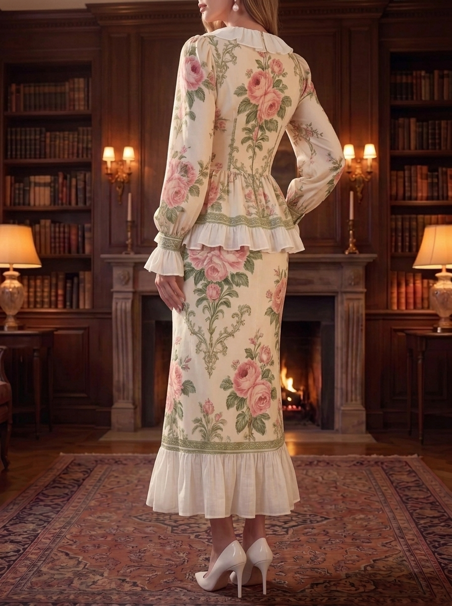 Cream Pink Floral Ruffle Two-Piece Set