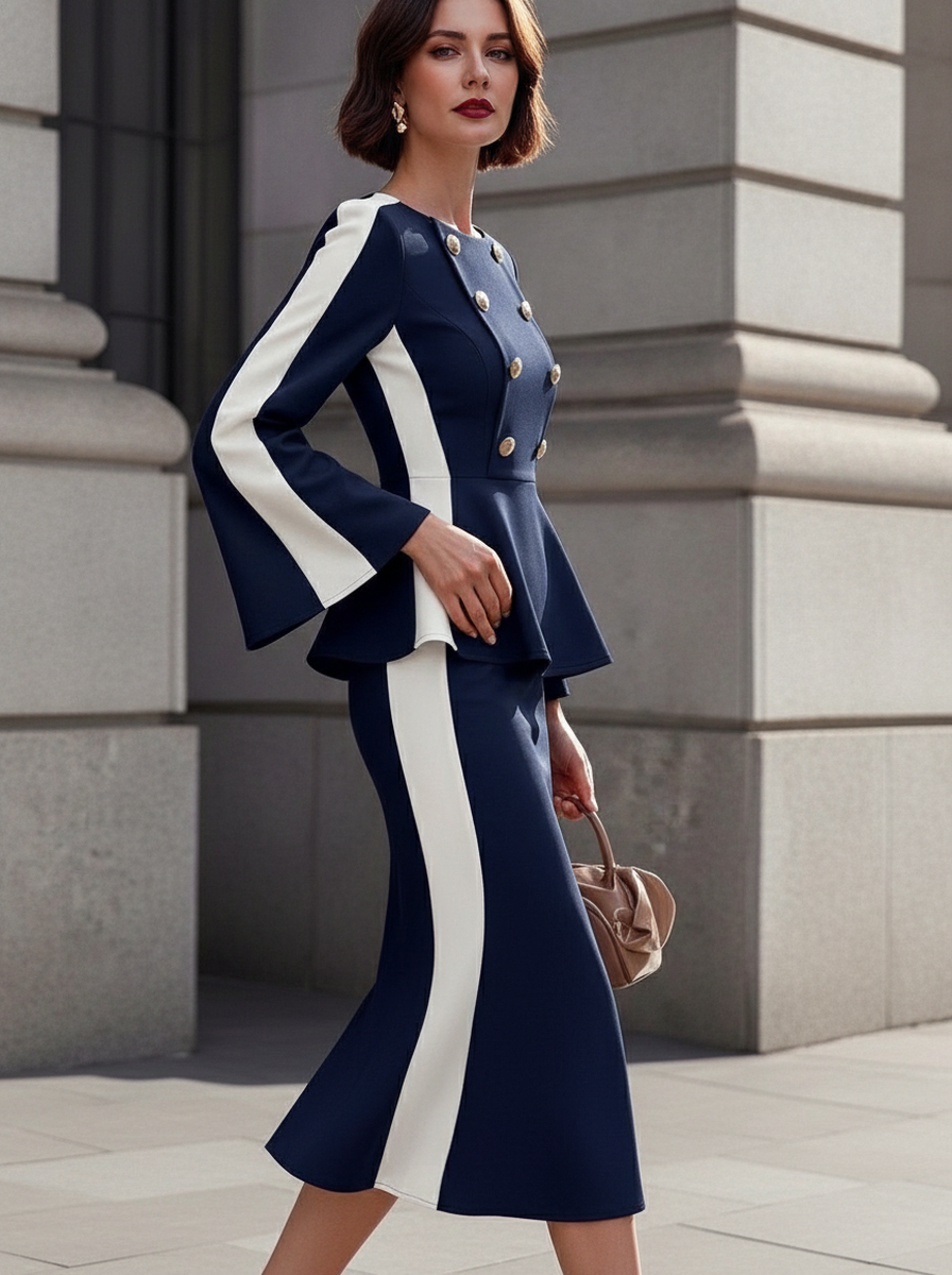 Navy White Double-Breasted Peplum Dress