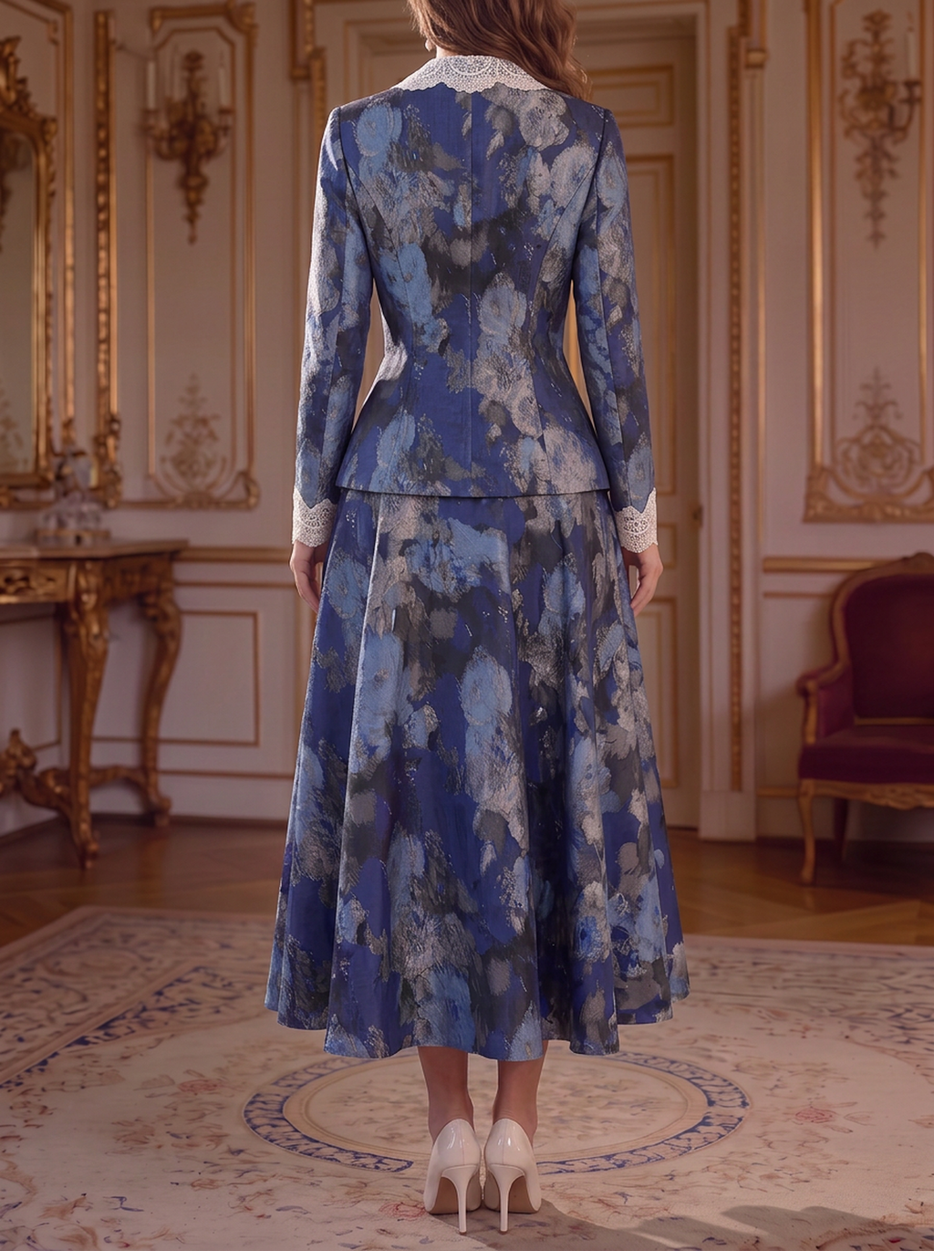 Blue Floral Lace Peplum Suit Set