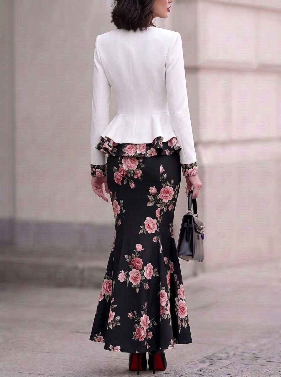 White Floral Lapel Peplum Two-Piece Set