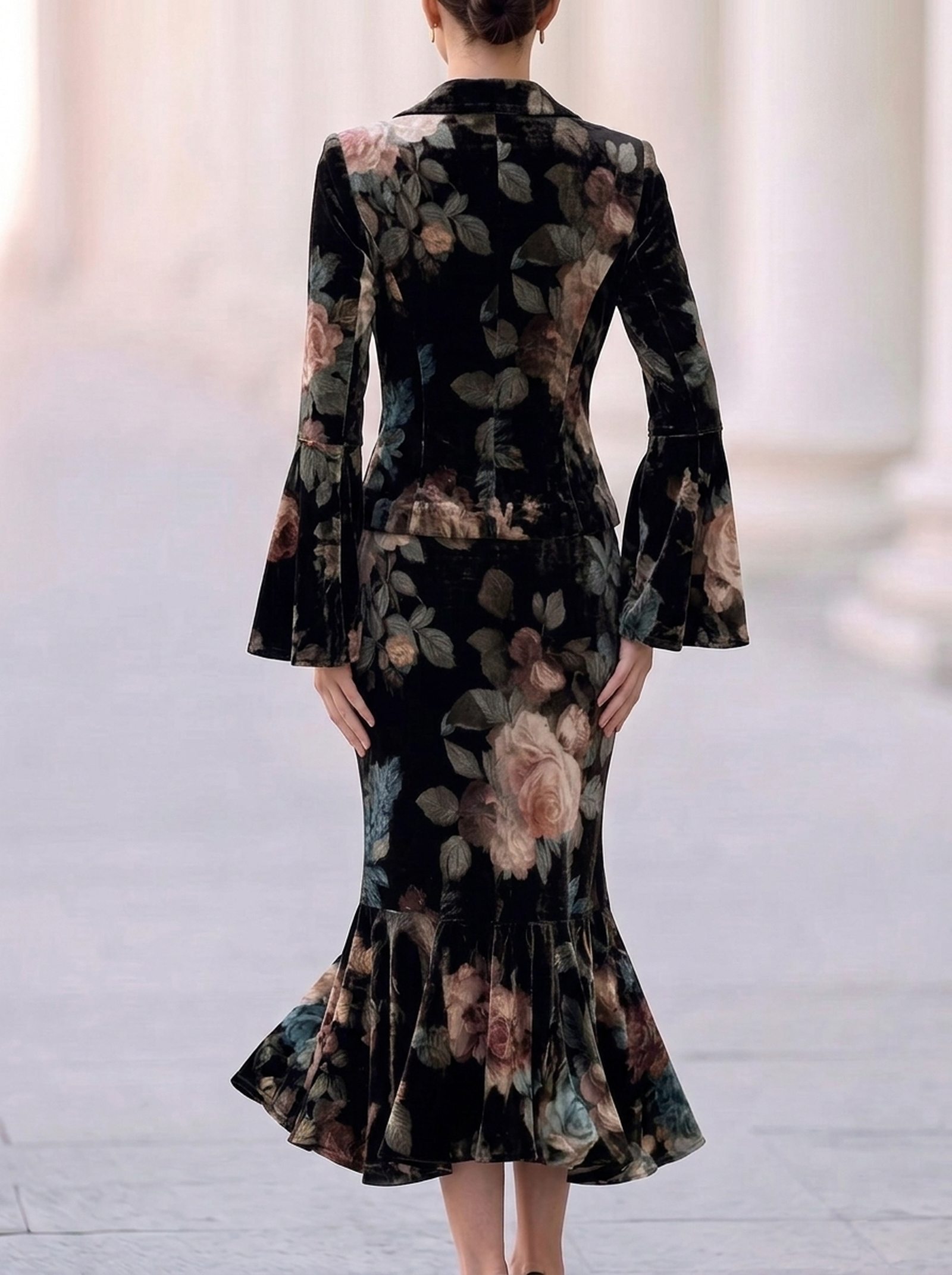 Black Velvet Floral Peplum Suit Set