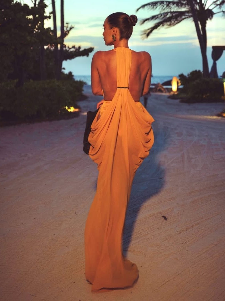 Draped Halter Cutout Waist Mermaid Gown