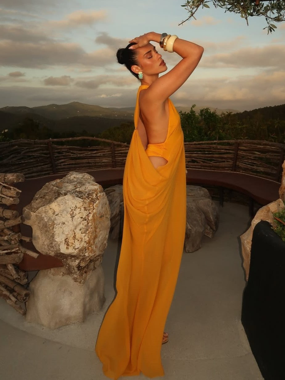 Draped Halter Cutout Waist Mermaid Gown