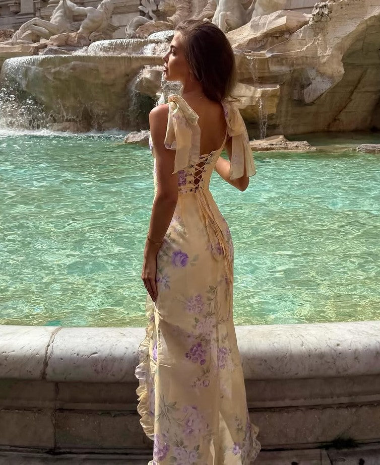 Floral Print Corset Ruffle Slit Midi Dress