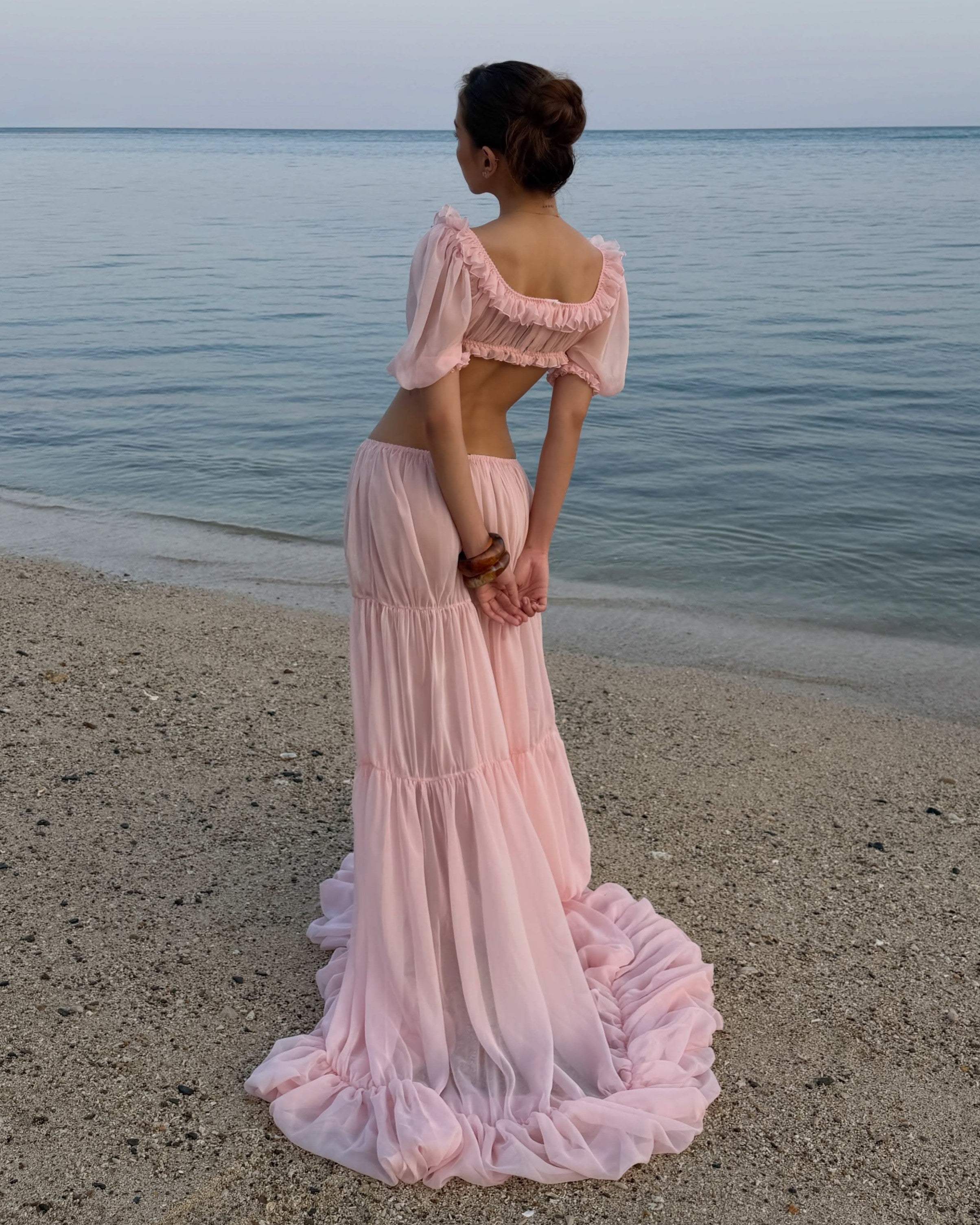 Puff Sleeve Backless Top & Tiered Maxi Skirt Set