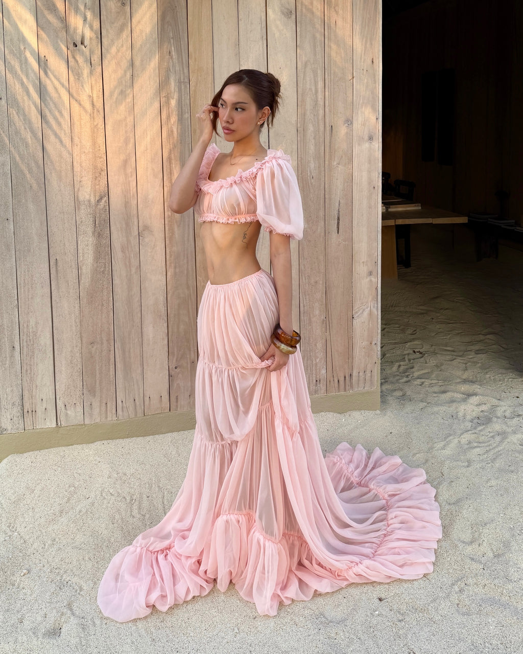Puff Sleeve Backless Top & Tiered Maxi Skirt Set
