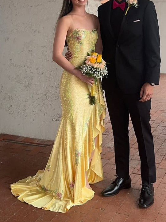 Strapless Floral Sequin Mermaid Gown