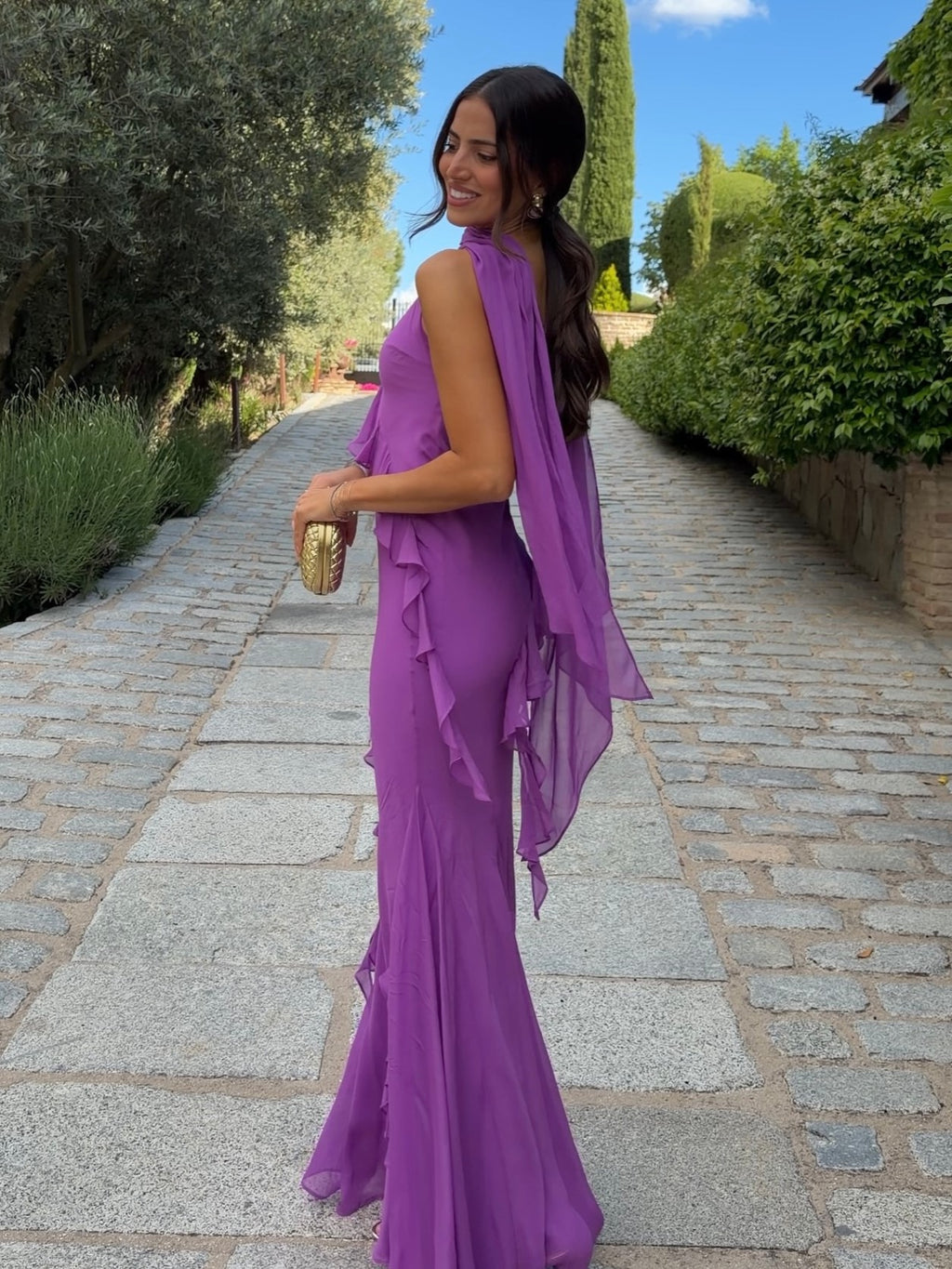 Scarf Neck Ruffled Chiffon Maxi Dress