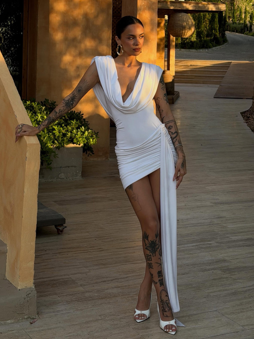 Cowl Neck Draped Sash Bodycon Mini Dress