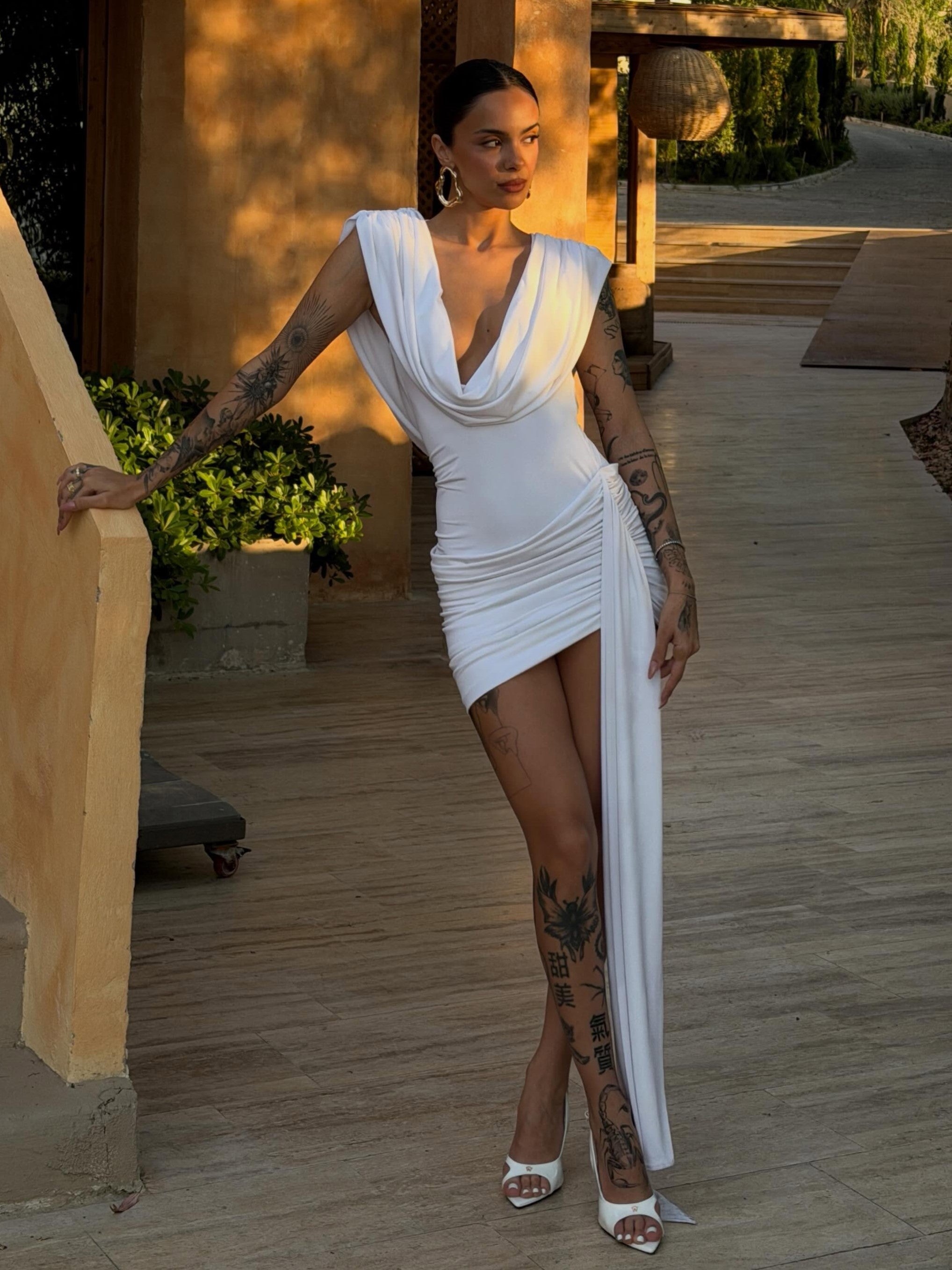 Cowl Neck Draped Sash Bodycon Mini Dress