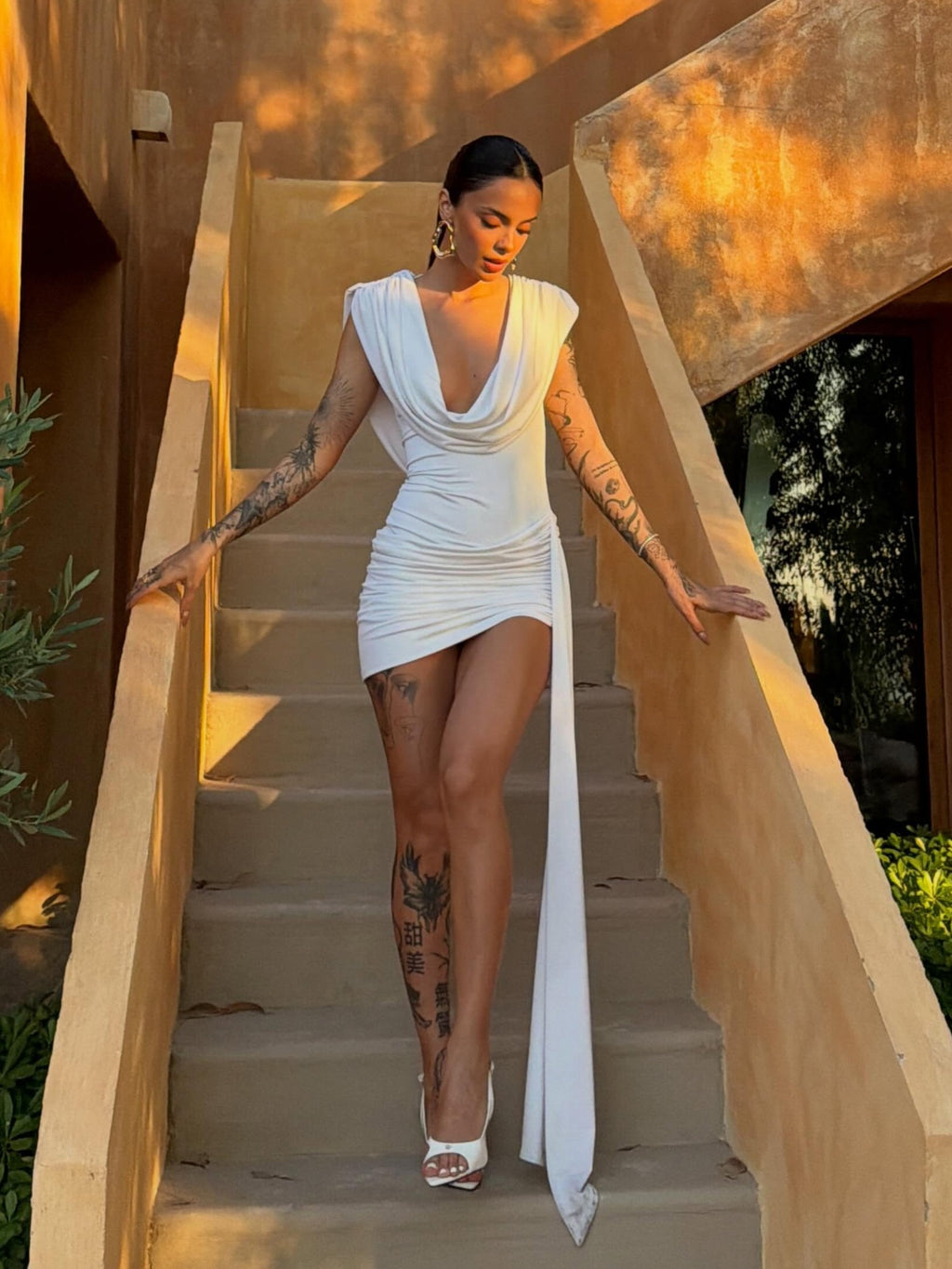 Cowl Neck Draped Sash Bodycon Mini Dress