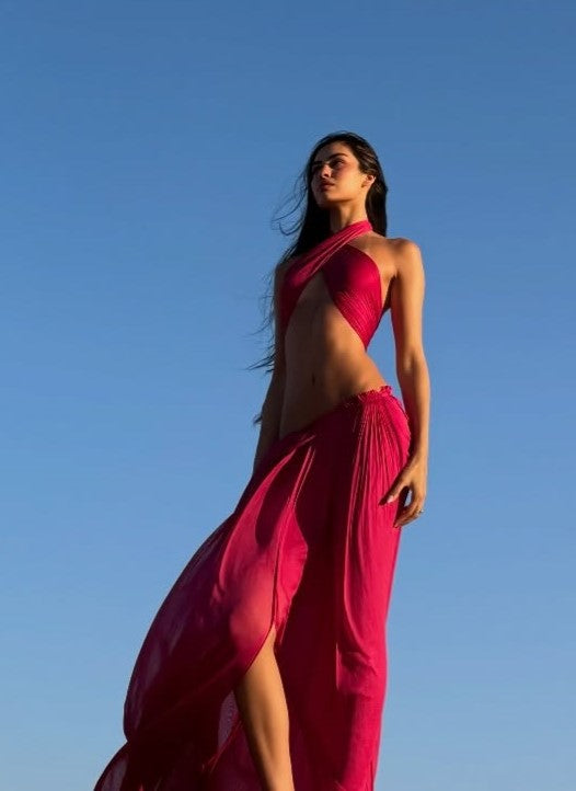 Fuchsia Halter Cutout Crop Top & Flowy Maxi Skirt 2 Piece Vacation Set