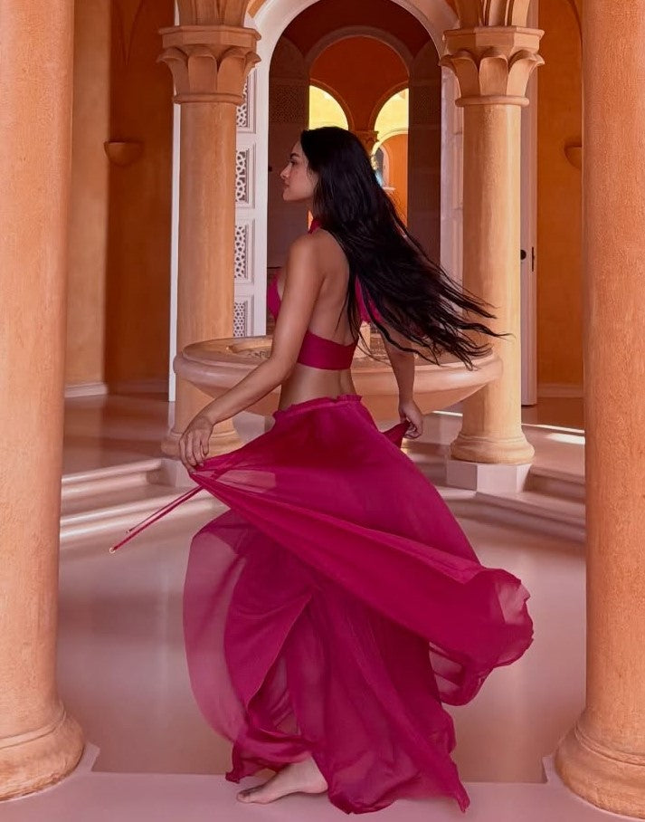 Fuchsia Halter Cutout Crop Top & Flowy Maxi Skirt 2 Piece Vacation Set