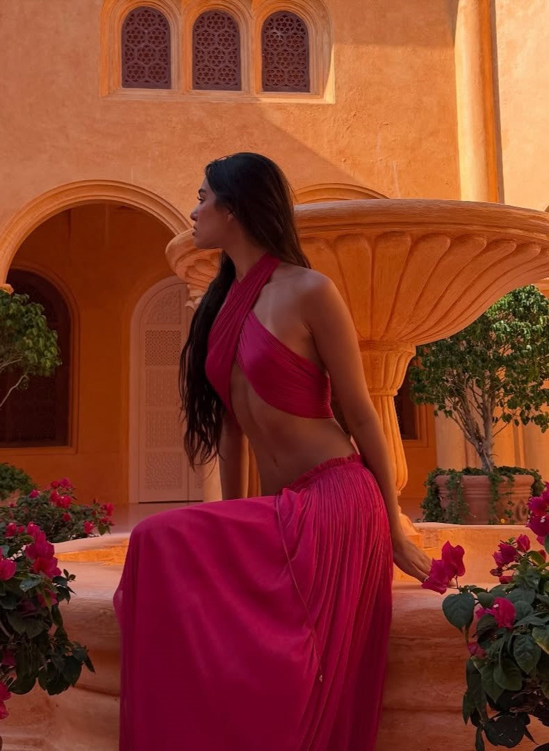 Fuchsia Halter Cutout Crop Top & Flowy Maxi Skirt 2 Piece Vacation Set