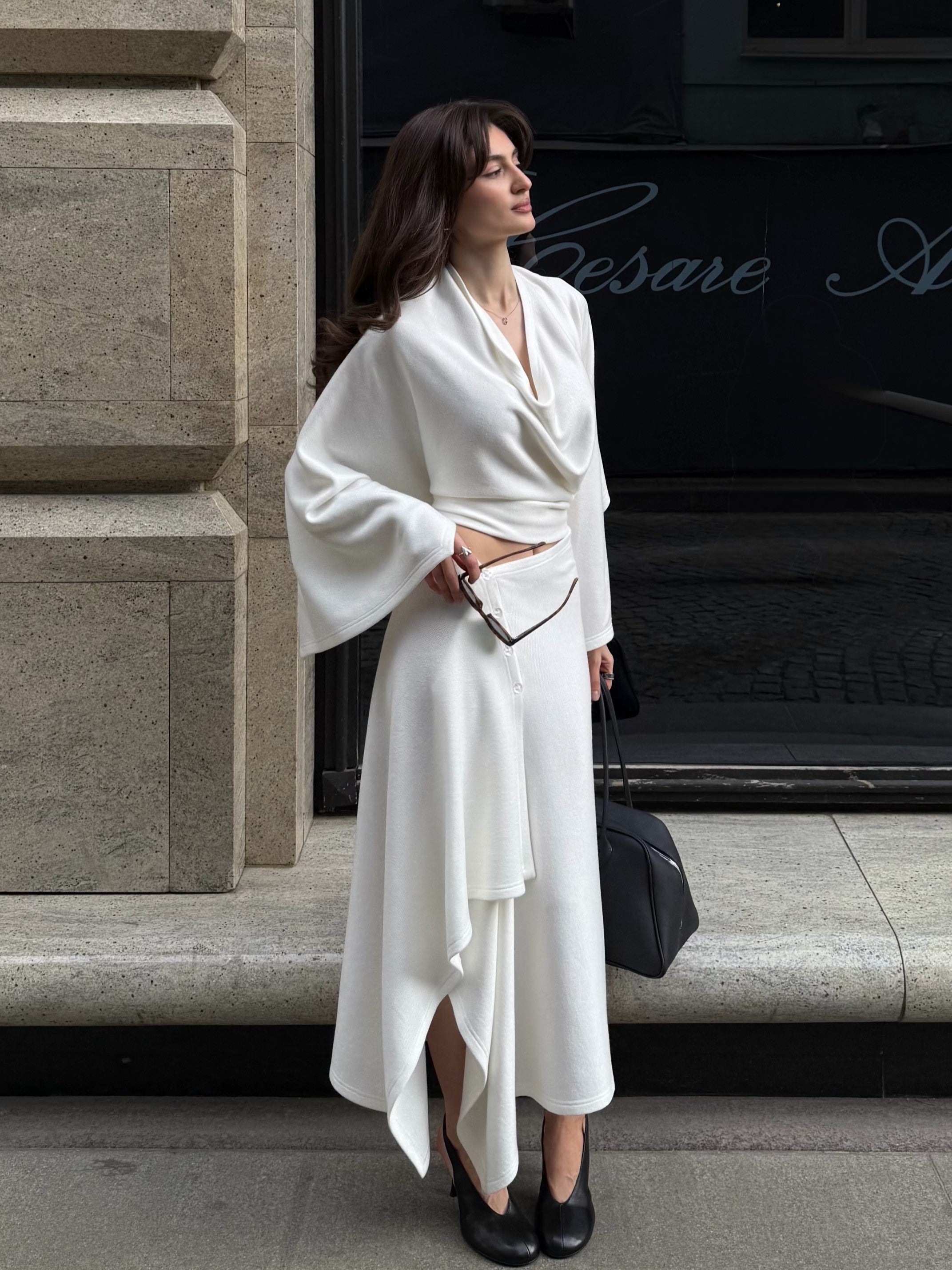 Cowl Neck Asymmetric Draped Skirt Set