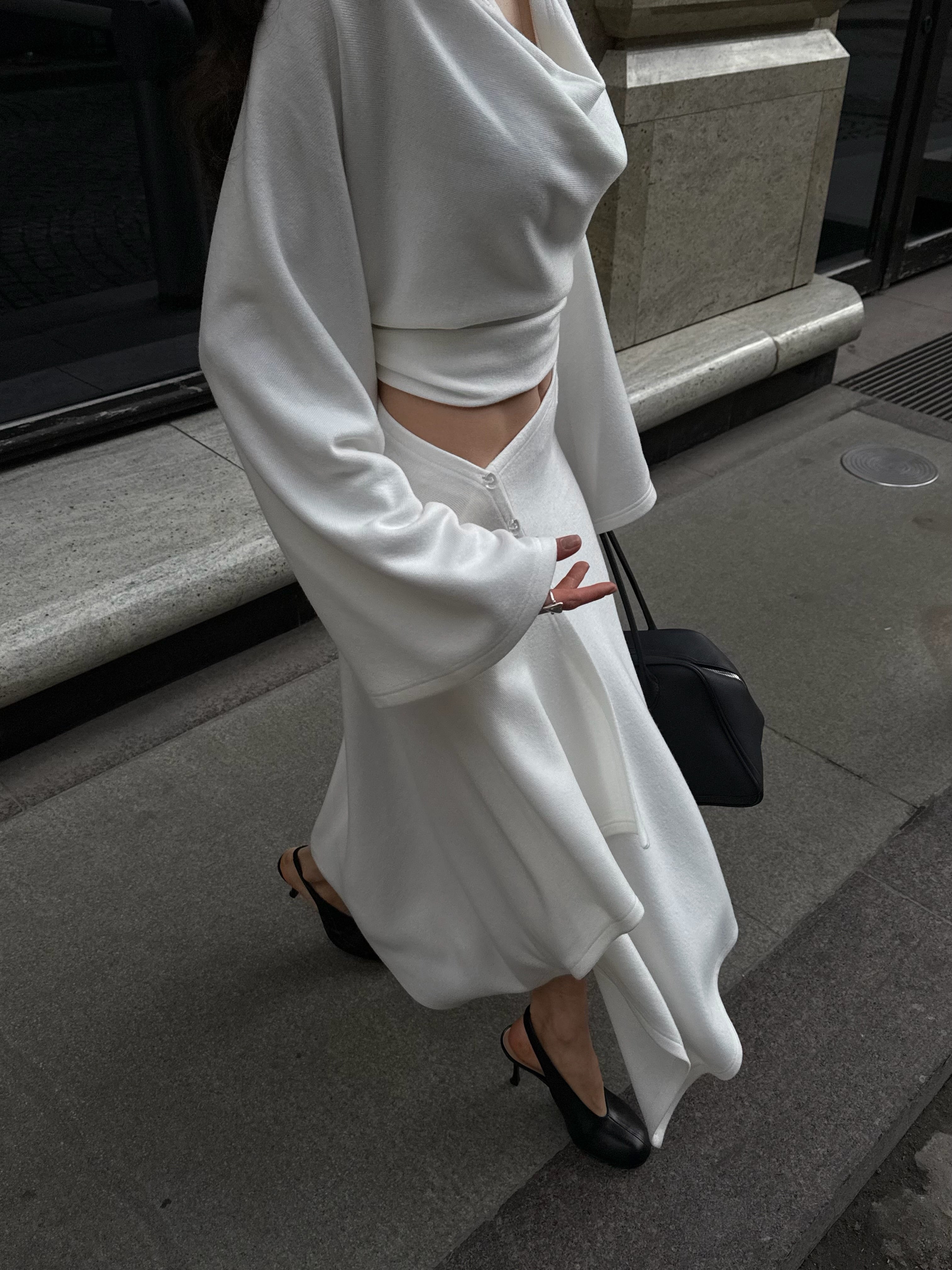 Cowl Neck Asymmetric Draped Skirt Set