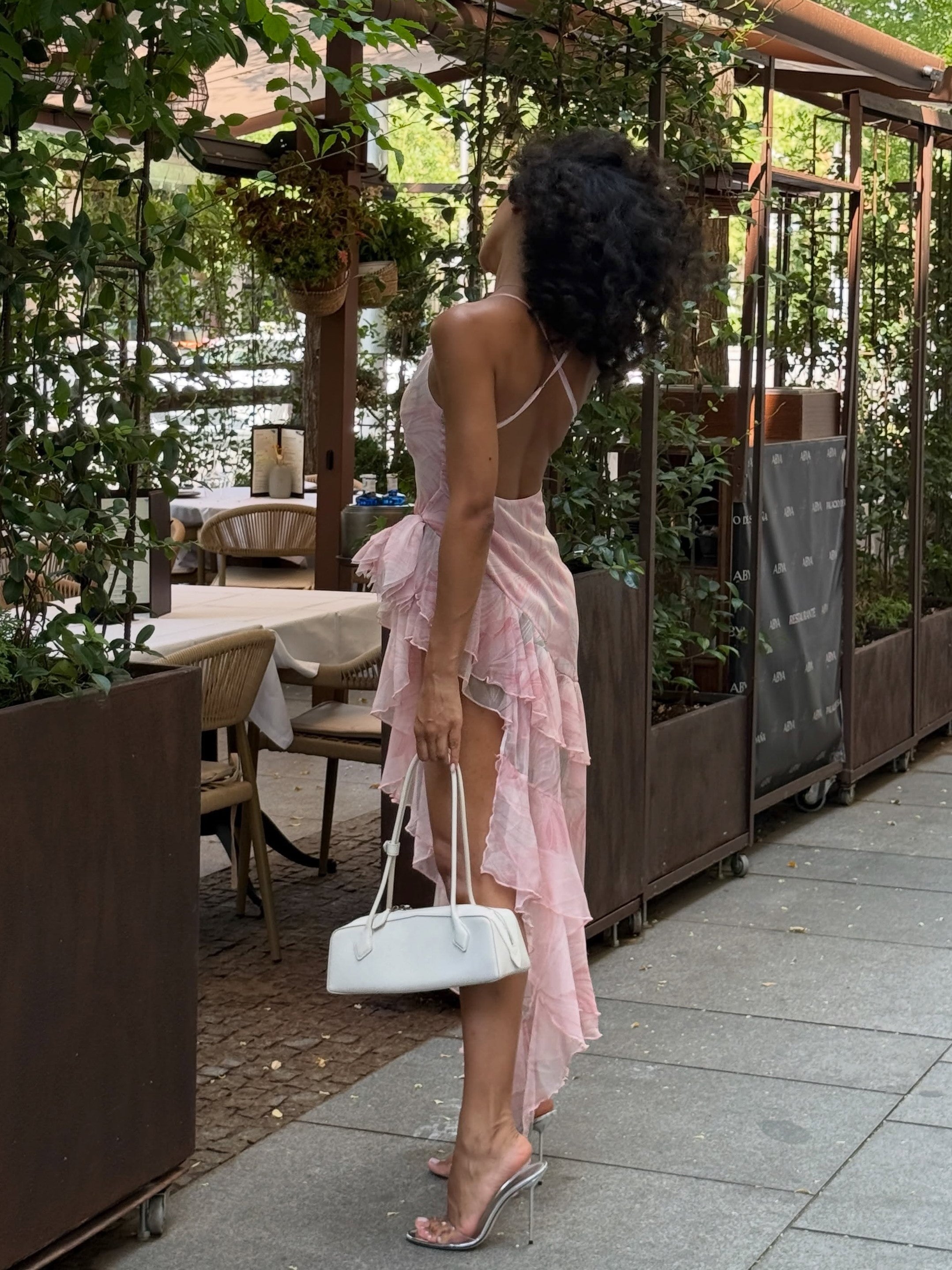 Abstract Print Asymmetric Draped Ruffle Dress