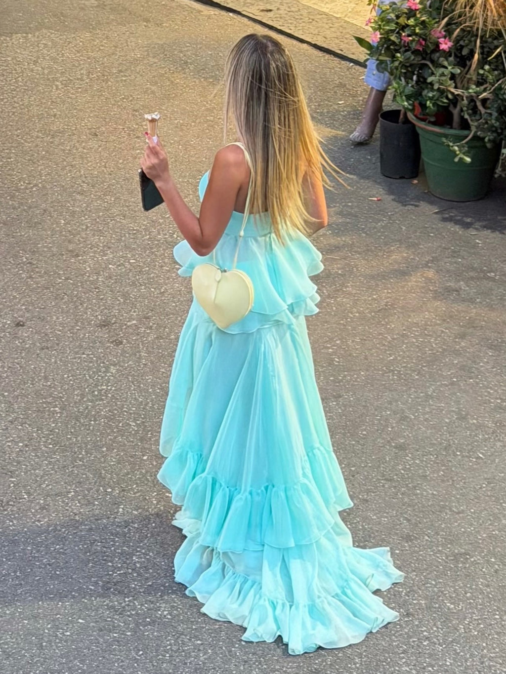 Strapless Twist-Front Tiered Ruffle Maxi Dress