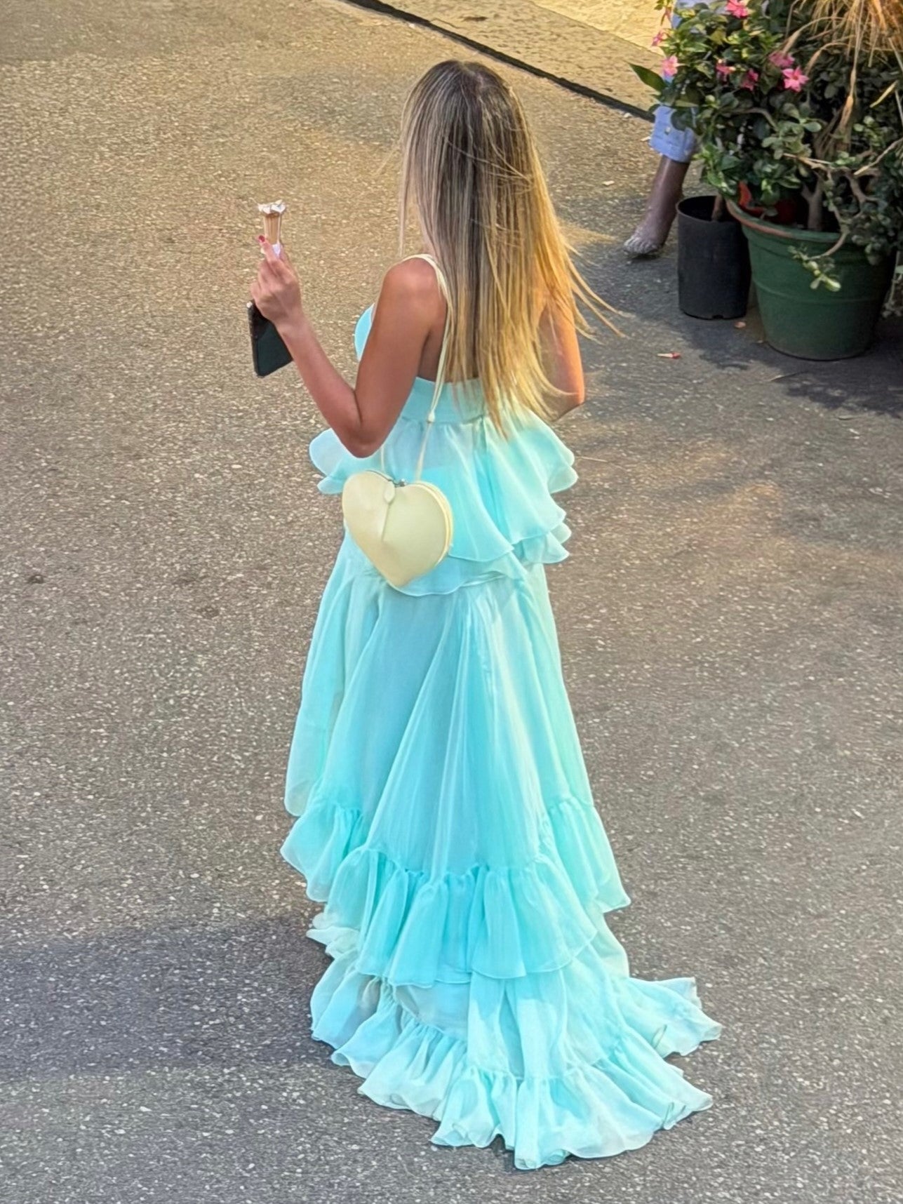 Strapless Twist-Front Tiered Ruffle Maxi Dress