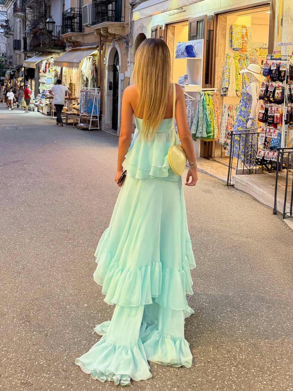 Strapless Twist-Front Tiered Ruffle Maxi Dress