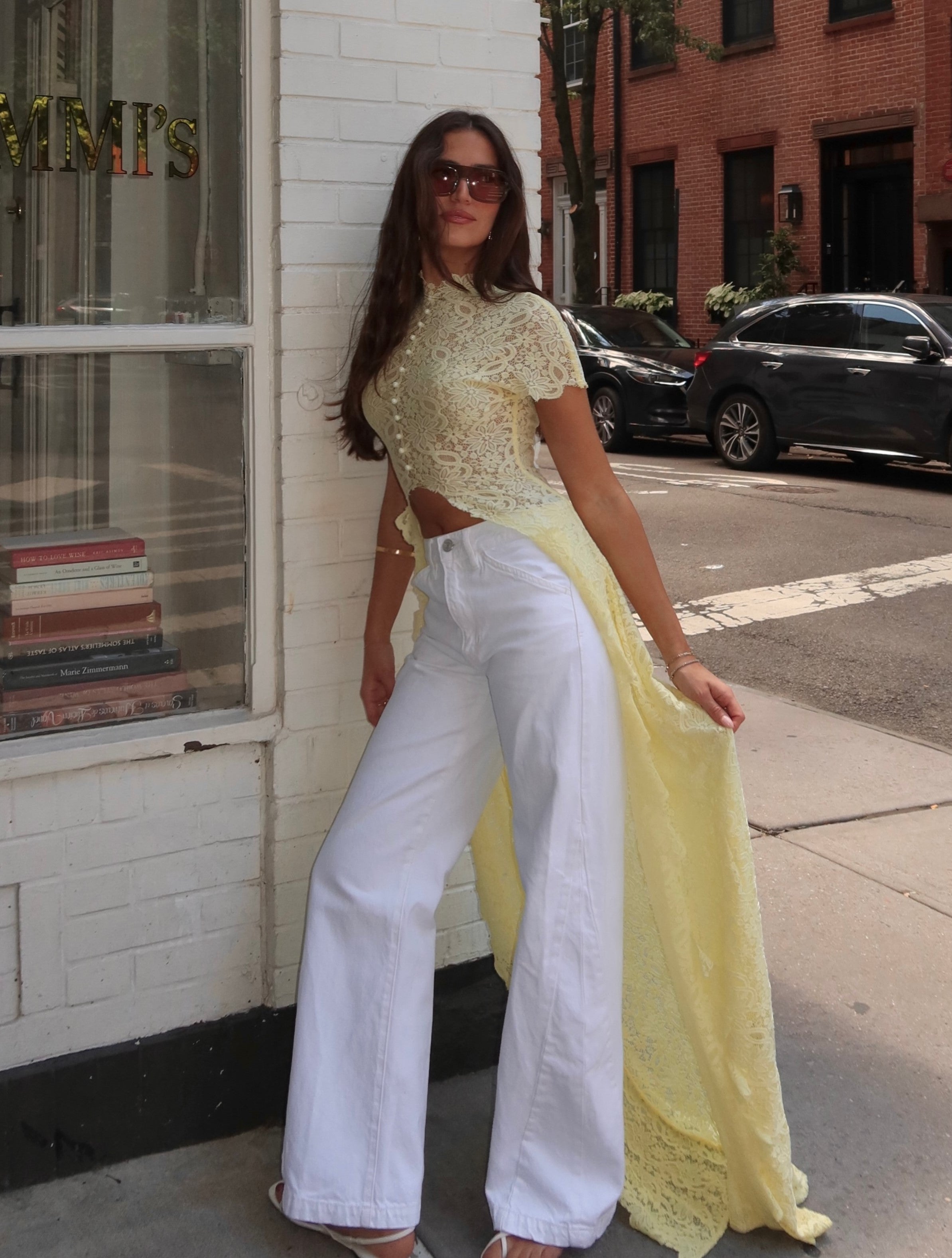 Sheer Lace Cutout High Neck Top（Only tops）