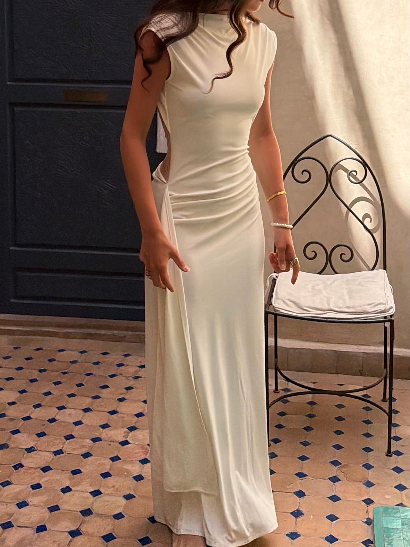 Ruched Boat Neck Sleeveless Maxi Dress