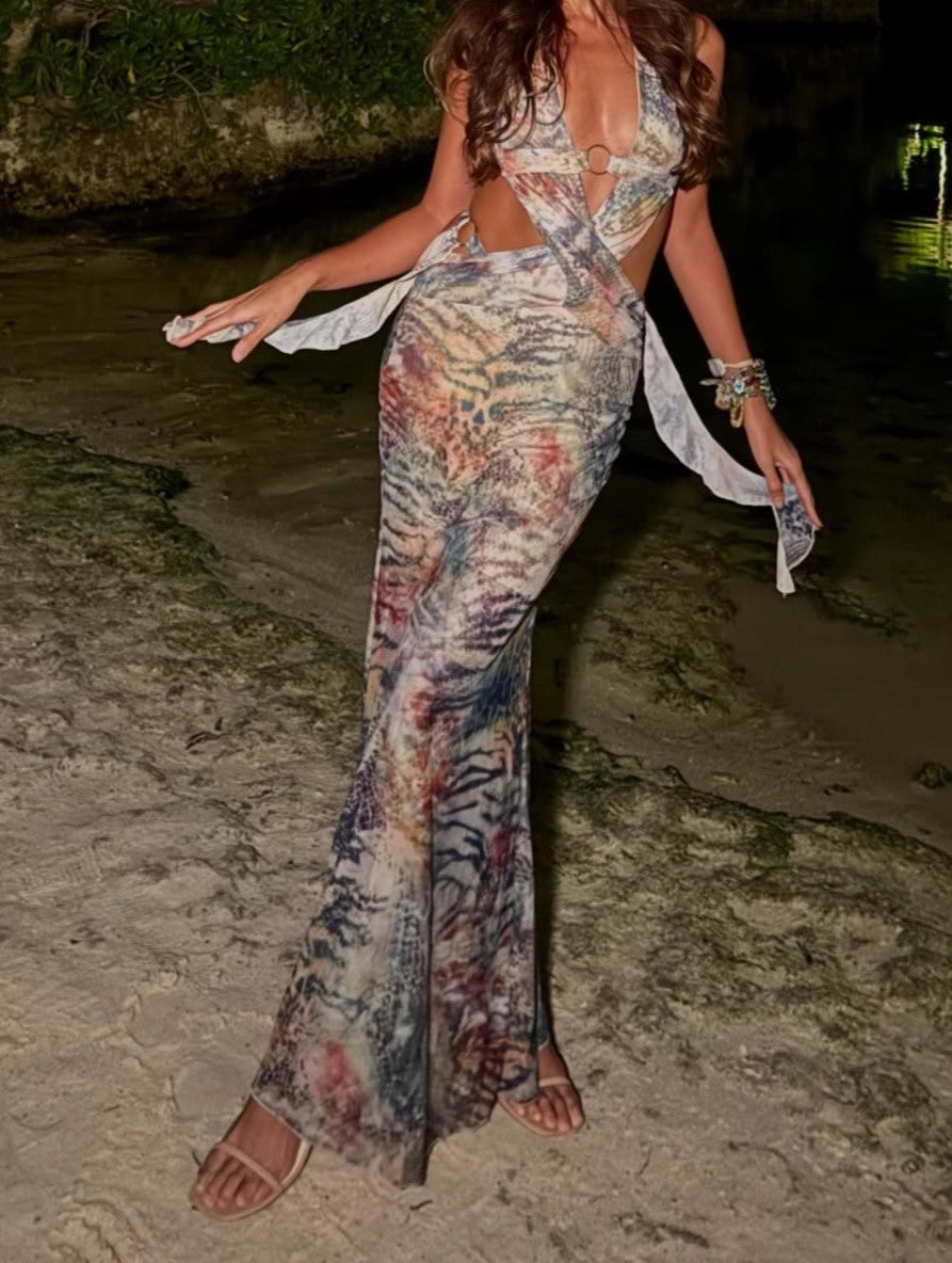 Ring Detail Cutout Animal Print Halter Maxi Dress