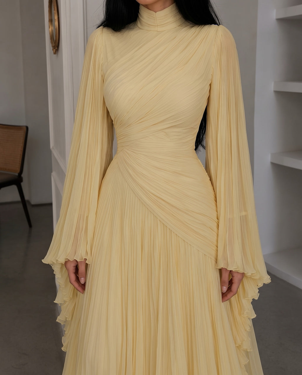 High Neck Ruched Pleated Balloon Sleeve Maxi Dress