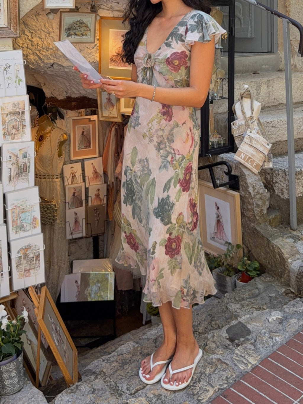 Floral Print V-Neck Twist Front Flutter Sleeve Dress