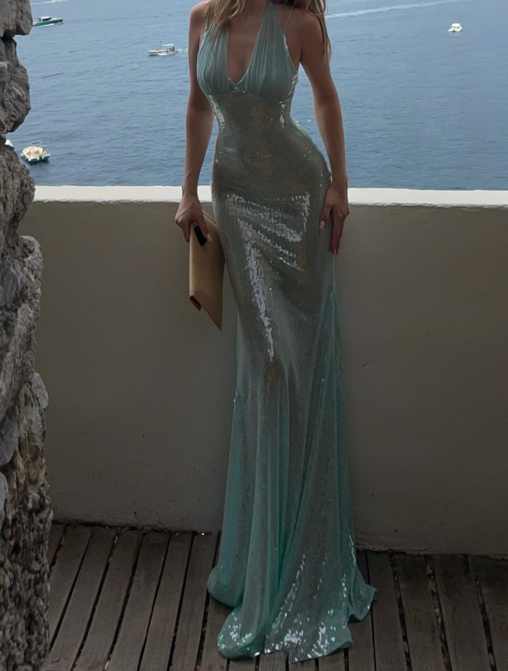 Ruched Halter Sequin Sheer Panel Maxi Dress