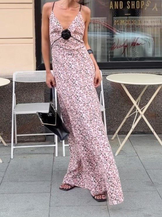 Spaghetti Strap Floral Maxi Dress With Black Rose Detail
