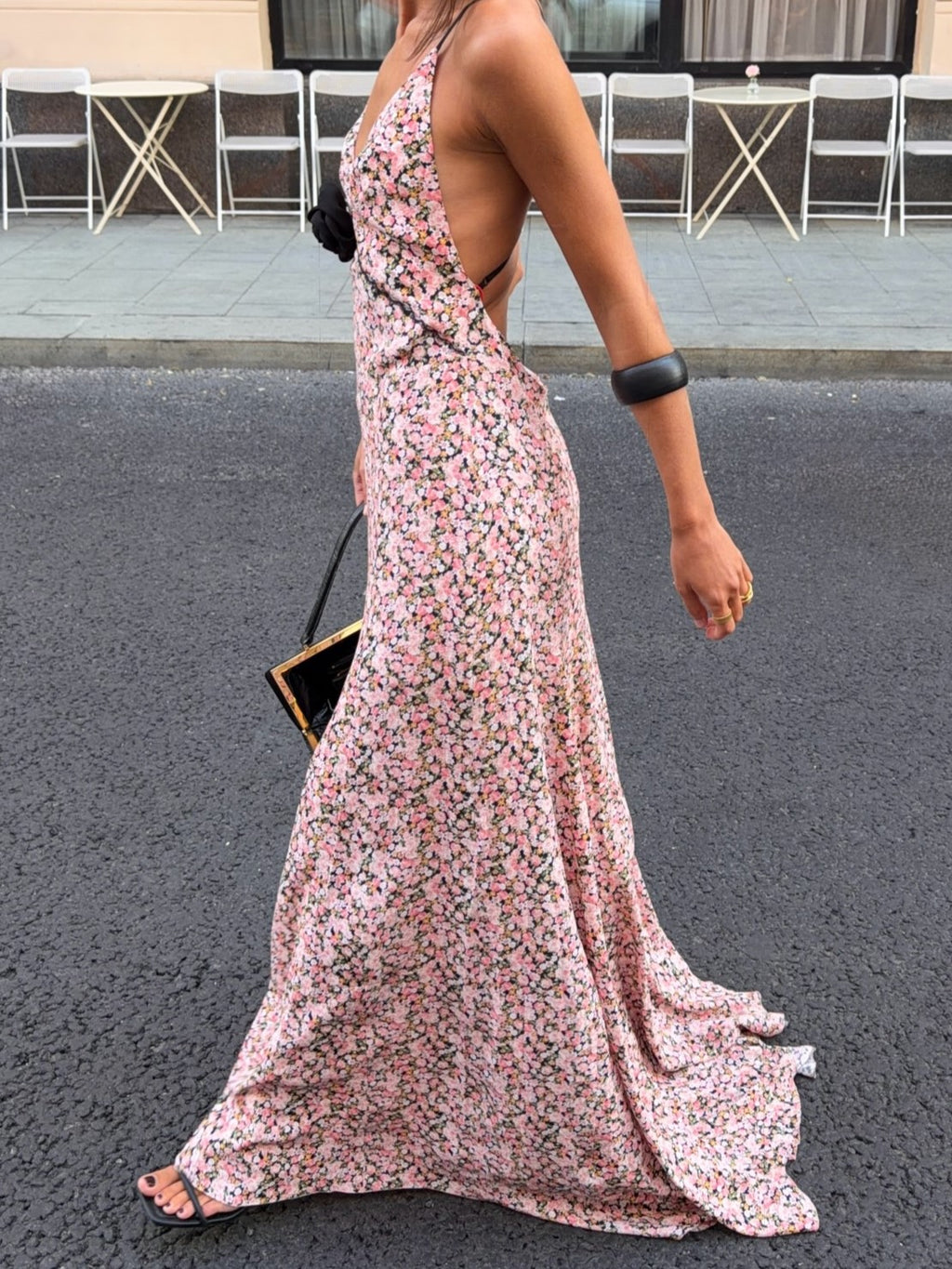 Spaghetti Strap Floral Maxi Dress With Black Rose Detail