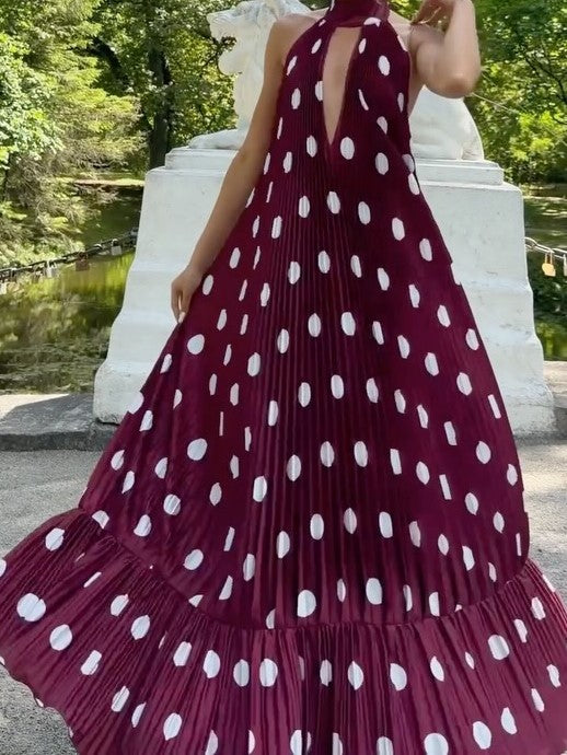 Burgundy Pleated Halter Polka Dot Maxi Dress