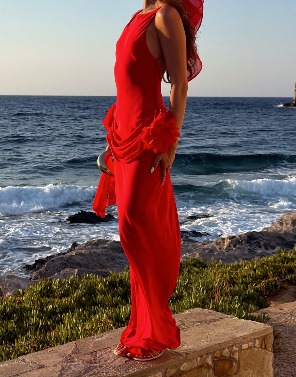 Red Backless 3D Flower Detail Maxi Dress