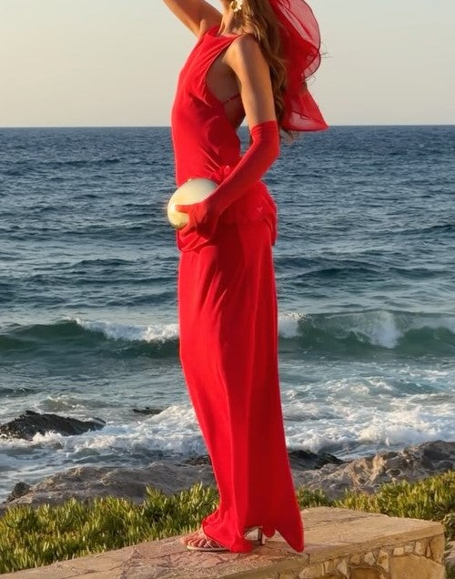 Red Backless 3D Flower Detail Maxi Dress