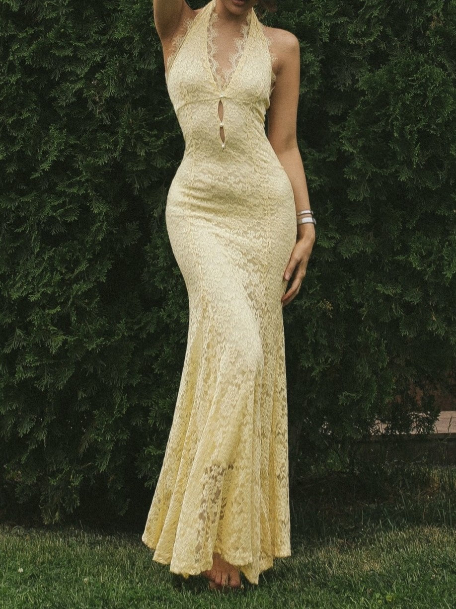 Pale Yellow Halter Lace Cutout Maxi Dress