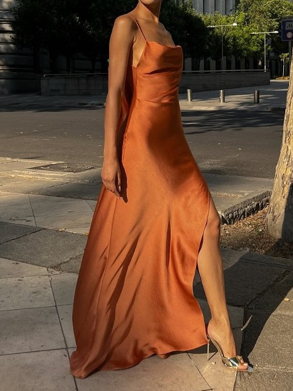 Cowl Neck Satin Spaghetti Strap Maxi Dress