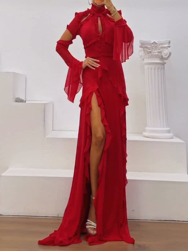 Cold Shoulder Ruffled High Slit Chiffon Gown