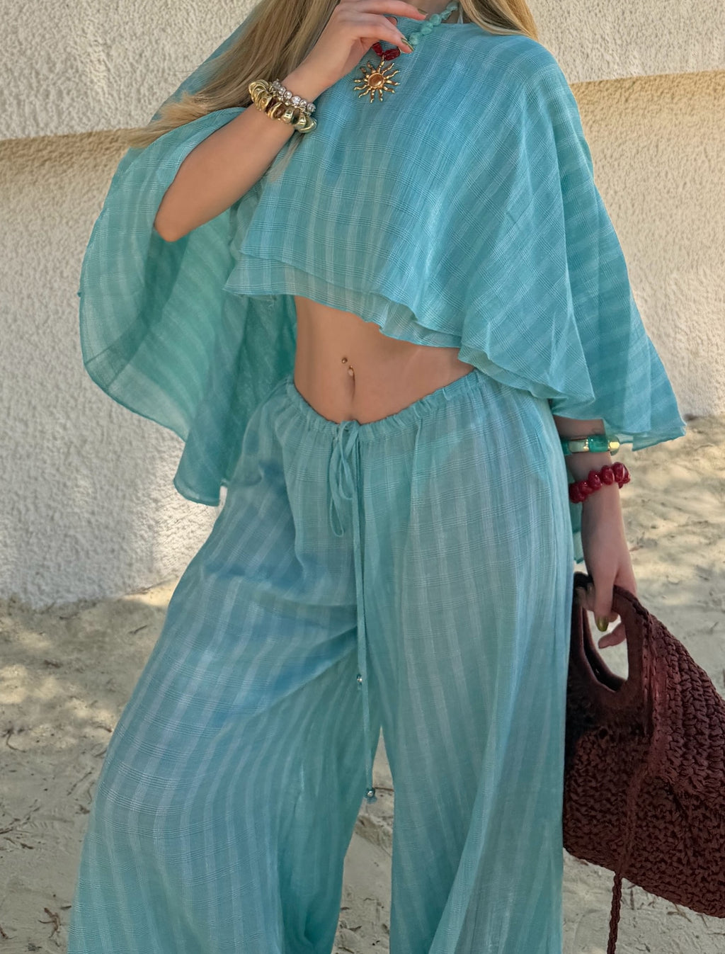 Flowy Batwing Top And Drawstring Wide-Leg Pants Set