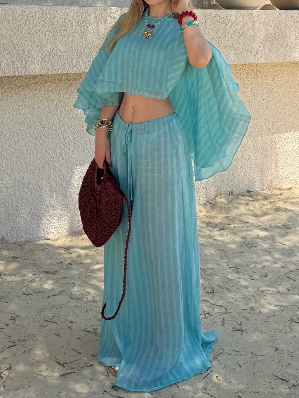 Flowy Batwing Top And Drawstring Wide-Leg Pants Set