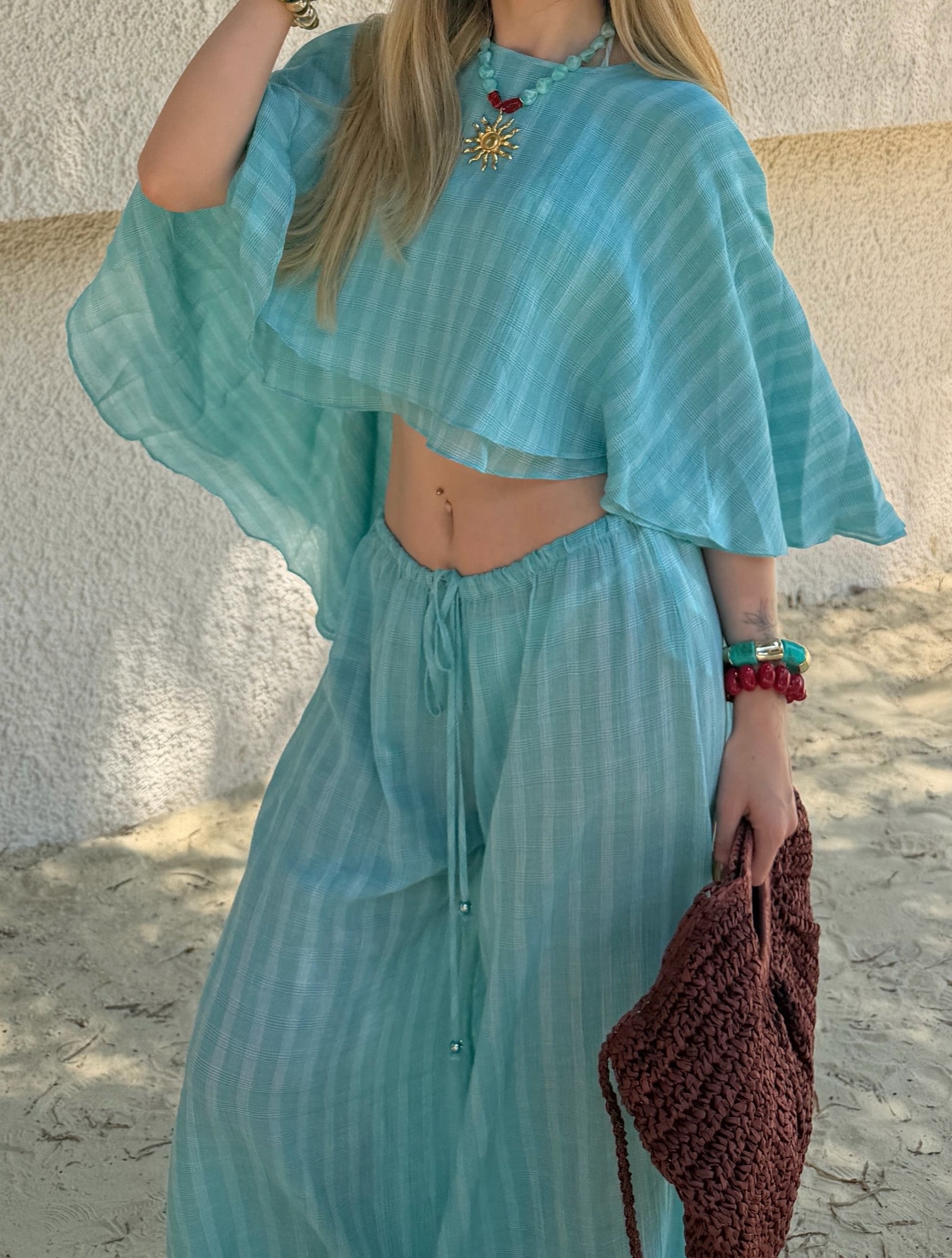 Flowy Batwing Top And Drawstring Wide-Leg Pants Set