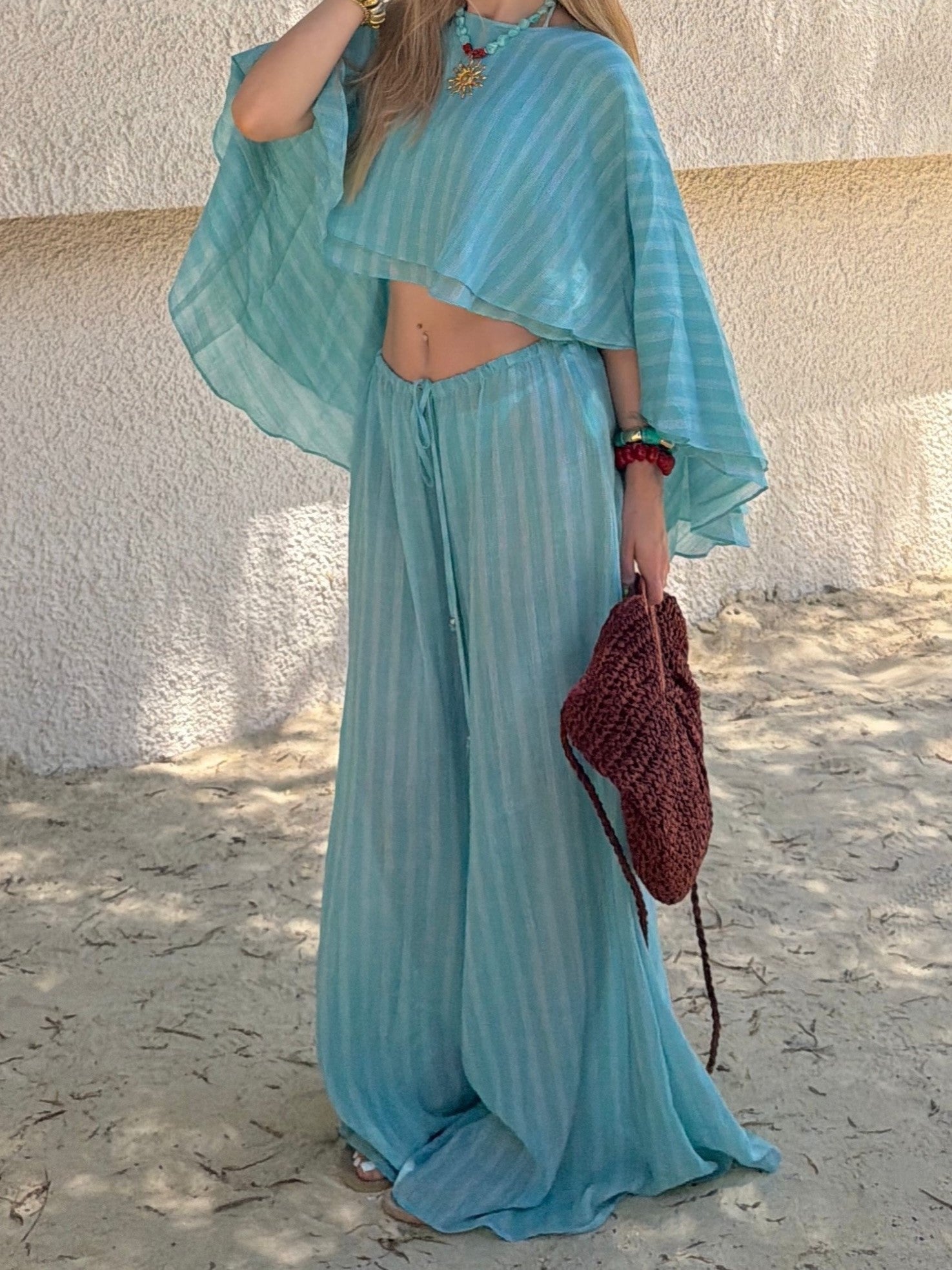 Flowy Batwing Top And Drawstring Wide-Leg Pants Set