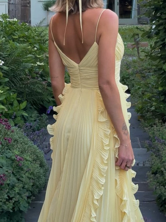 Pleated V-Back Ruffle Trim Maxi Dress