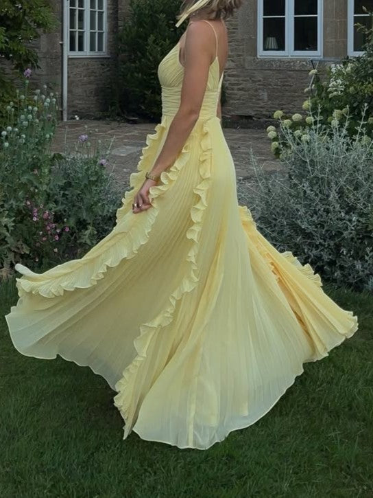 Pleated V-Back Ruffle Trim Maxi Dress
