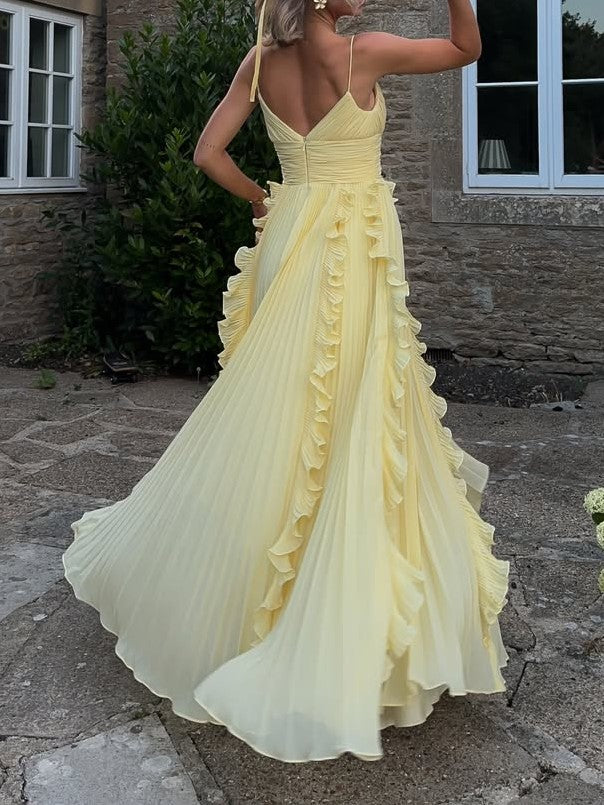 Pleated V-Back Ruffle Trim Maxi Dress