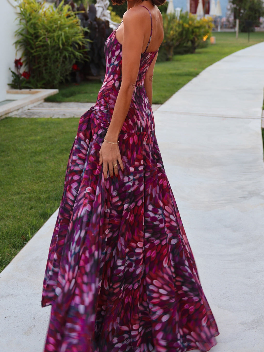 Burgundy Abstract Brushstroke Ruched Maxi Dress